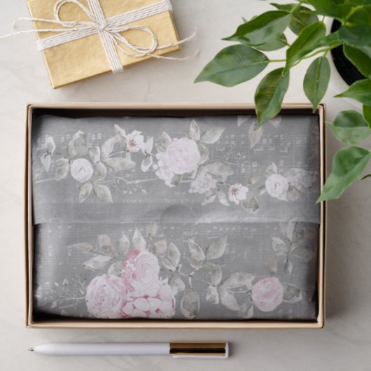 Roze Bloemen Muziek Grijs Blad Tissuepapier (Geschenk)