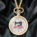 Roze Bloemen Naaimachine Ketting Horloge<br><div class="desc">Een naaiende thema ketting horloge klaar om te worden gepersonaliseerd met haar naam. Bedrukt met een zwarte  naaimachine geaccentueerd met een overvloedig boeket roze waterverf. Bewerk de naamtekst in de knop "personaliseren". Uw keuze van gouden Toon of zilveren Toon.</div>