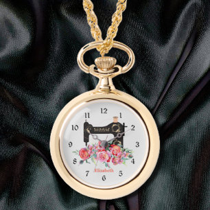 Roze Bloemen Naaimachine Ketting Horloge