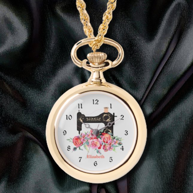 Roze Bloemen Naaimachine Ketting Horloge (Creator heeft geüpload)