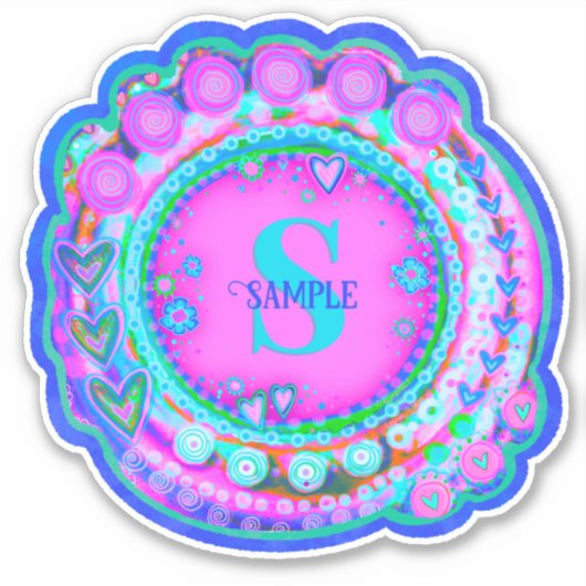 Roze Bloemen Naam en Initiaal Inspirivity Custom Sticker (Voorkant)