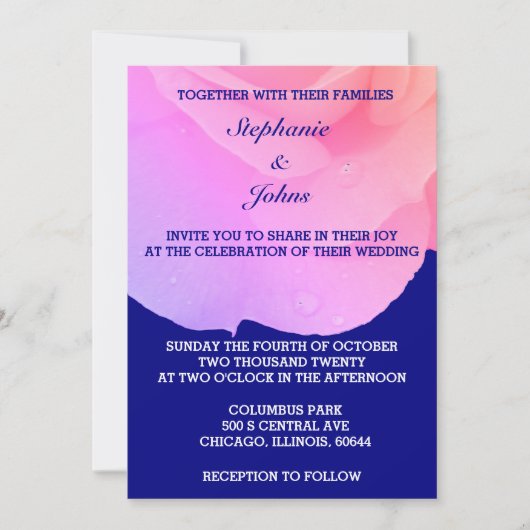 Roze Bloemen Navy Blue Roos Elegant Custom Wedding Kaart (Voorkant)