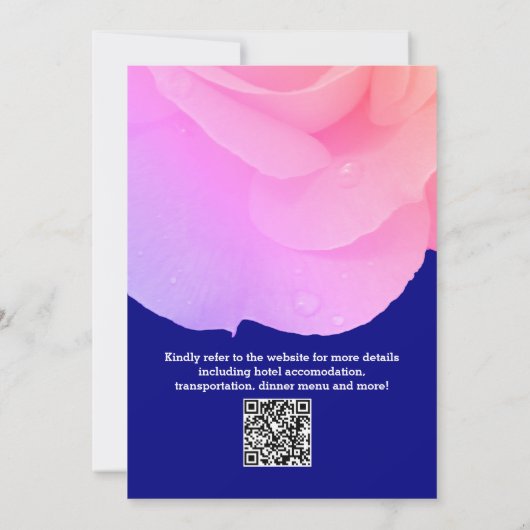 Roze Bloemen Navy Blue Roos QR Code Cool Wedding Kaart (Achterkant)