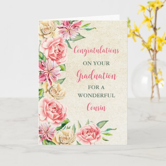 Roze Bloemen Neef Gefeliciteerd Afstuderen Kaart (Gele Bloem)