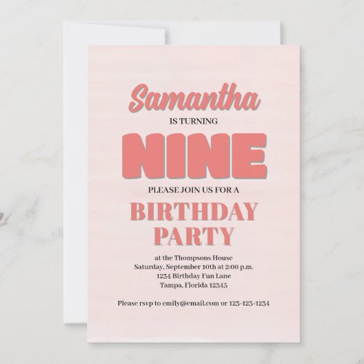 Roze Bloemen Negende Verjaardag Meisje Party Sjabl Kaart (Voorkant)