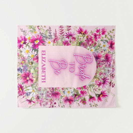 Roze Bloemen Neon Gloed Bruid Wordt Bridal Shower Wandkleed (Voorkant (horizontaal))