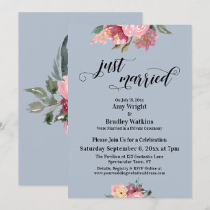 Roze Bloemen Net Getrouwd Typografie Stof Blauw Kaart