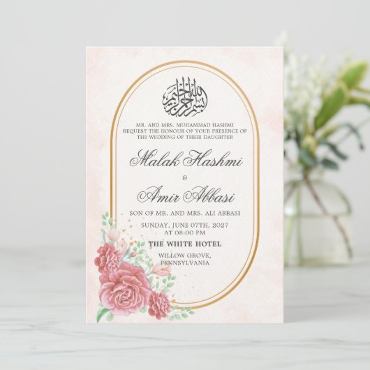 Roze Bloemen Nikah Islamitische Moslim bruiloft Kaart (Staand voorkant)
