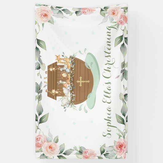 Roze Bloemen Noah's Ark Doop Welkom Achtergrond Spandoek (Verticaal)