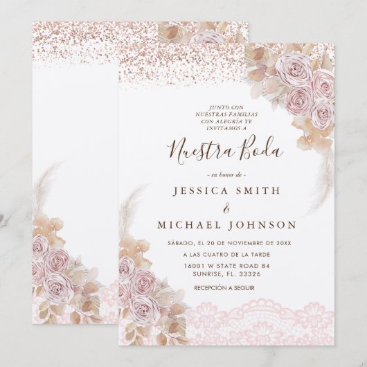 Roze Bloemen Nuestra Boda Spaanse bruiloft Kaart (Voorkant / Achterkant)