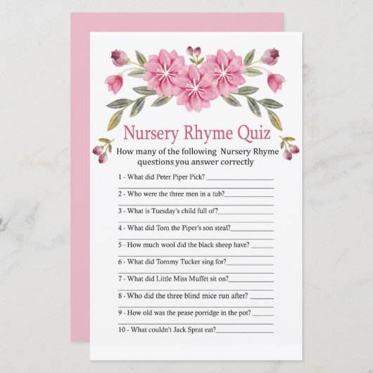 Roze bloemen Nursery Rhyme Quiz baby shower game (Voorkant / Achterkant)