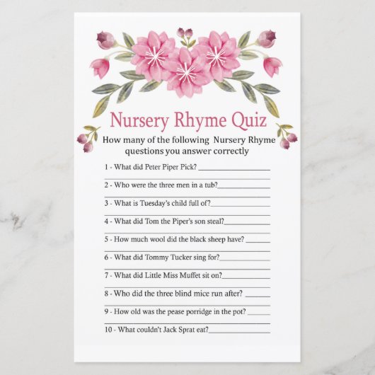 Roze bloemen Nursery Rhyme Quiz baby shower game (Voorkant)