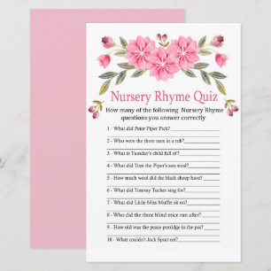 Roze bloemen Nursery Rhyme Quiz baby shower game