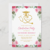 Roze Bloemen Nursing School Foto Afstuderen Invita Kaart (Voorkant)