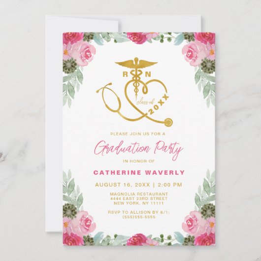 Roze Bloemen Nursing School Foto Afstuderen Invita Kaart (Voorkant)
