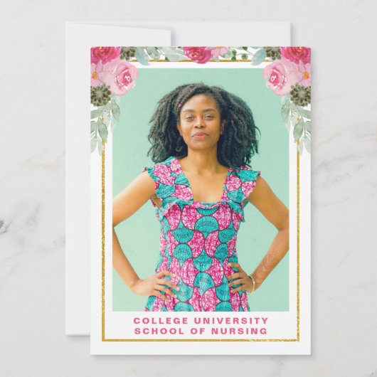 Roze Bloemen Nursing School Foto Afstuderen Invita Kaart (Achterkant)