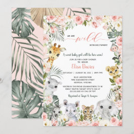 Roze bloemen Oerwoud Safari Animals Baby shower Kaart