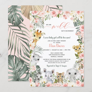 Roze bloemen Oerwoud Safari Animals Baby shower Kaart