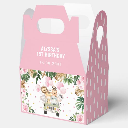 Roze Bloemen Oerwoud Safari Dieren Meisje Verjaard Bedankdoosjes (Geopend)