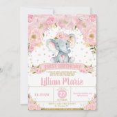 Roze Bloemen Olifant 1e Verjaardag Uitnodiging Mei (Voorkant)