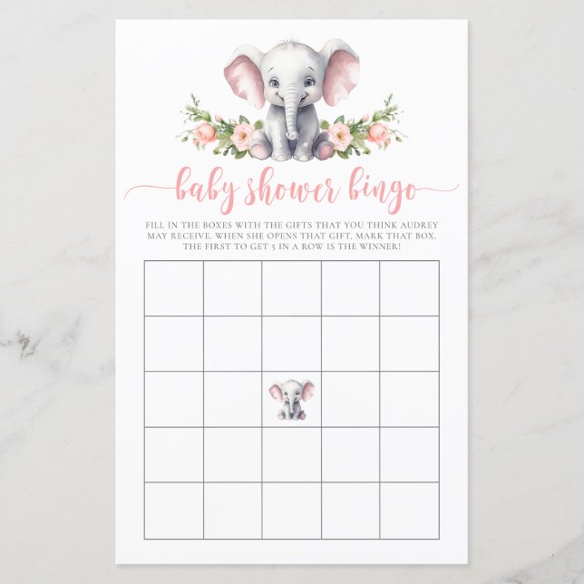 Roze Bloemen Olifant Baby Bingo Douche Spel (Voorkant)