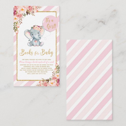 Roze Bloemen Olifant Baby shower Breng een Boek Ka Informatiekaartje (Voorkant / Achterkant)