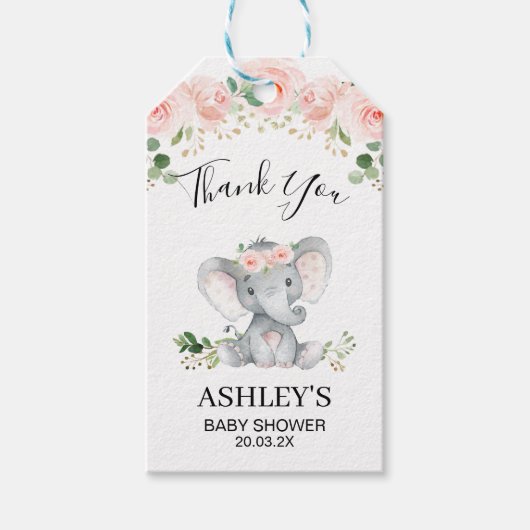 Roze Bloemen Olifant Baby shower Dank u Label Cadeaulabel (Voorkant)