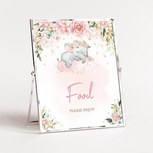 Roze Bloemen Olifant Baby shower Eten Poster