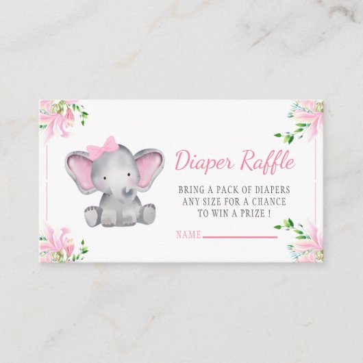 Roze Bloemen Olifant Baby shower Luier Raffle Informatiekaartje (Voorkant)