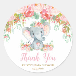 Roze Bloemen Olifant Baby shower Meisje Favors Ronde Sticker