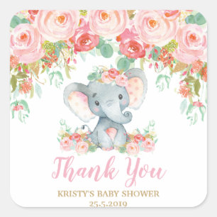 Roze Bloemen Olifant Baby shower Meisje Favors Vierkante Sticker