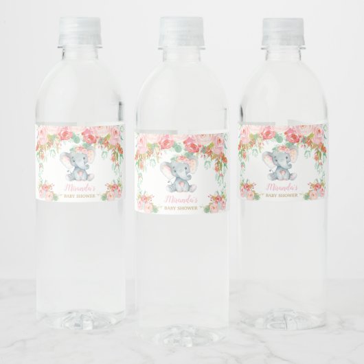 Roze Bloemen Olifant Baby shower Meisje Waterfles Etiket (Flessen)