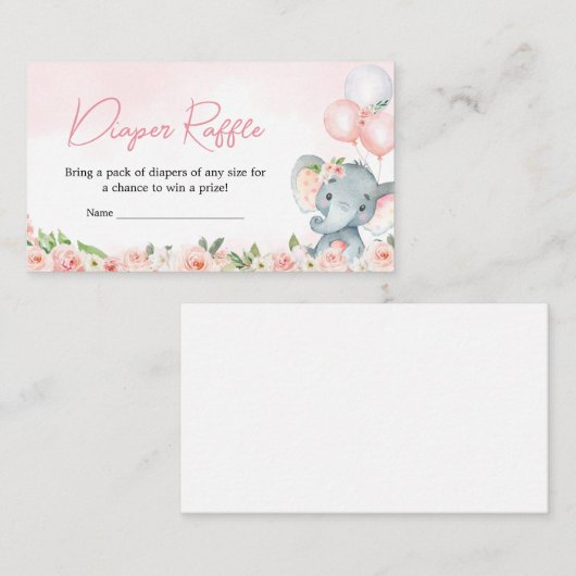 Roze Bloemen Olifant Ballon Luier Raffle Informatiekaartje (Voorkant / Achterkant)