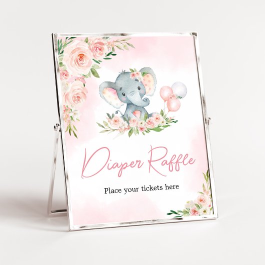 Roze Bloemen Olifant Ballon Luier Raffle Poster