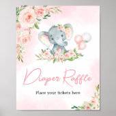 Roze Bloemen Olifant Ballon Luier Raffle Poster (Voorkant)