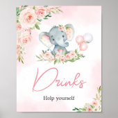 Roze Bloemen Olifant Balloon Baby shower Drinken Poster (Voorkant)