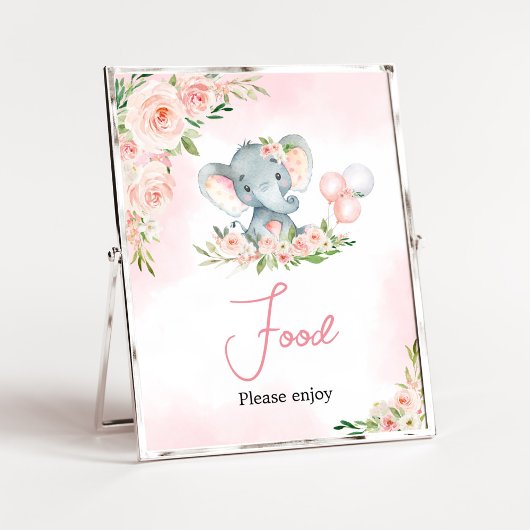 Roze Bloemen Olifant Balloon Baby shower Eten Poster