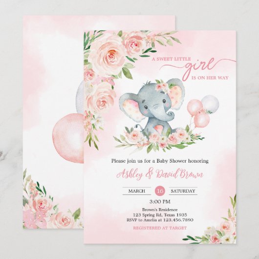 Roze Bloemen Olifant Balloon Baby shower Kaart (Voorkant / Achterkant)