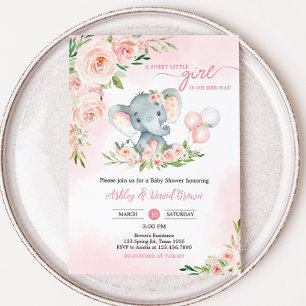 Roze Bloemen Olifant Balloon Baby shower Kaart