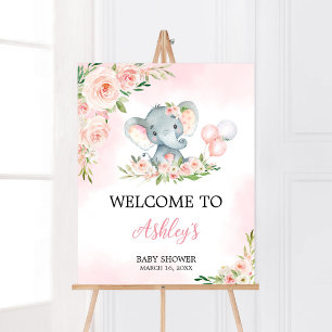 Roze Bloemen Olifant Balloon Baby shower Welkom Poster