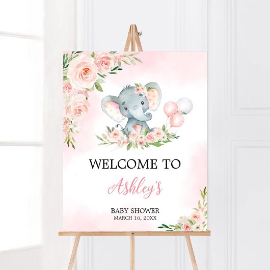 Roze Bloemen Olifant Balloon Baby shower Welkom Poster