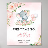 Roze Bloemen Olifant Balloon Baby shower Welkom Poster (Voorkant)