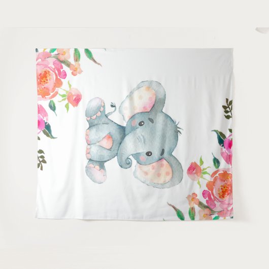 Roze Bloemen Olifant Kwekerij Wandkleed (Voorkant (horizontaal))