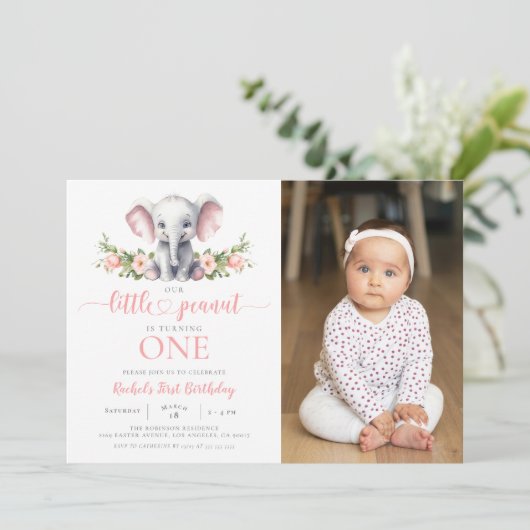 Roze Bloemen Olifant Meisje 1e Verjaardag Foto Kaart (Staand voorkant)