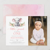 Roze Bloemen Olifant Meisje 1e Verjaardag Foto Kaart (Voorkant / Achterkant)