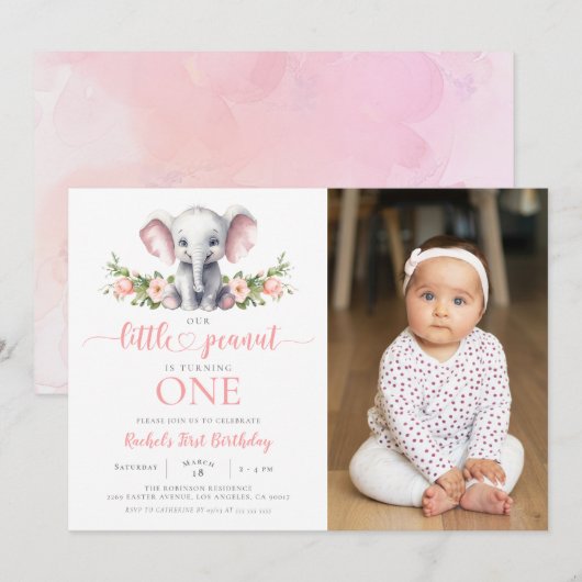 Roze Bloemen Olifant Meisje 1e Verjaardag Foto Kaart (Voorkant / Achterkant)