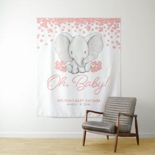 Roze Bloemen Olifant Meisje Baby Shower Achtergron Wandkleed
