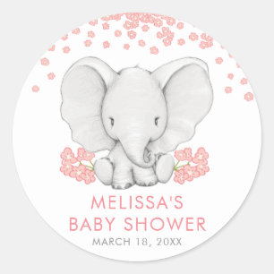 Roze Bloemen Olifant Meisje Baby shower Baby showe Ronde Sticker