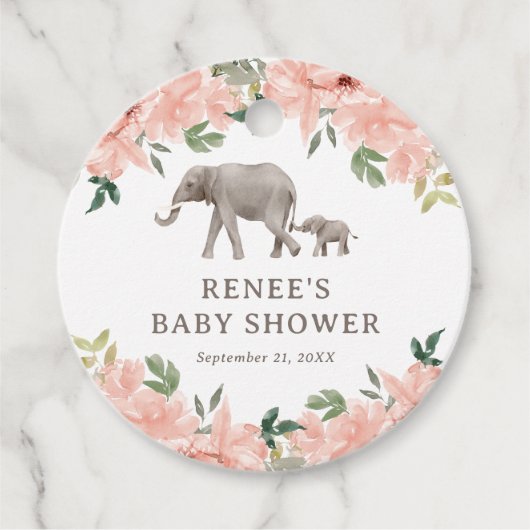 Roze Bloemen Olifant Meisje Baby shower Bedankjes Labels (Voorkant)