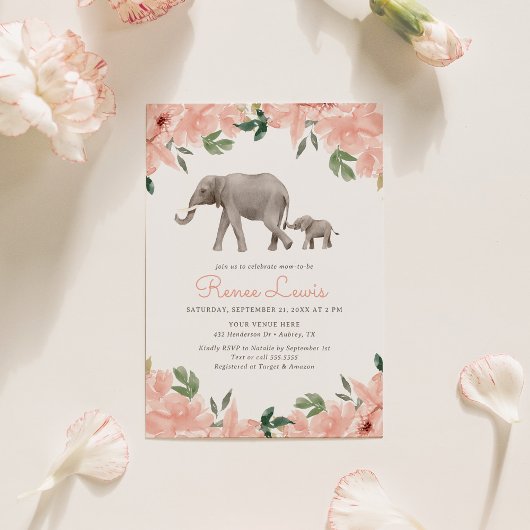Roze Bloemen Olifant Meisje Baby shower Kaart